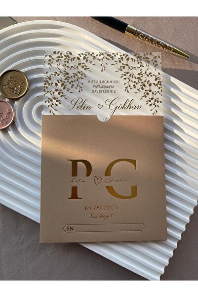 emindijital Sarı Zarflı Şeffaf Nikah, Nişan, Kına, Düğün Davetiyesi - 50 Adet