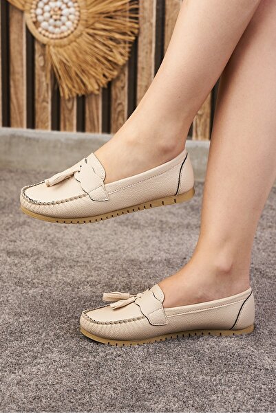 Nstil Καθημερινά γυναικεία μπεζ μπαλαράκια με φούντα και ραφές με λεπτομέρειες από συνθετικό δέρμα άνετα ελαφριά παπούτσια με χαμηλό τακούνι 04