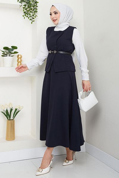 hafsamina Navy Blue Double Suit - Effective with Vest Hm2690