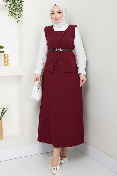 hafsamina Διπλό Σετ με Γιλέκο και Φούστα Claret Red HM2690