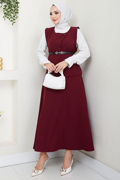hafsamina Διπλό Σετ με Γιλέκο και Φούστα Claret Red HM2690