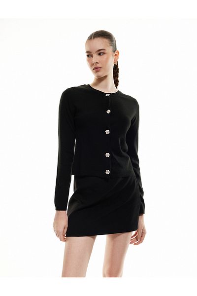 Koton Crew Neck Long Sleeve Floral Button Detailed Knitwear Cardigan