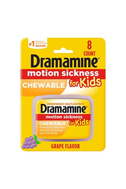 Dramamine أقراص قابلة للمضغ للأطفال لتخفيف دوار الحركة، بنكهة العنب، 8 أقراص