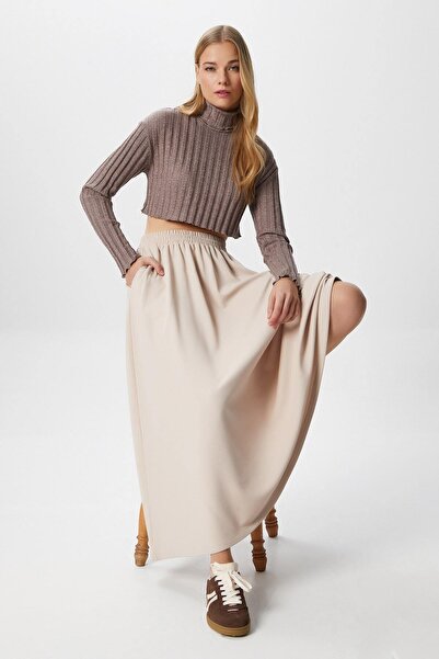 Ritnice Fusta lungă maxi lungă, bej deschis, cu buzunare elastice în talie Luna