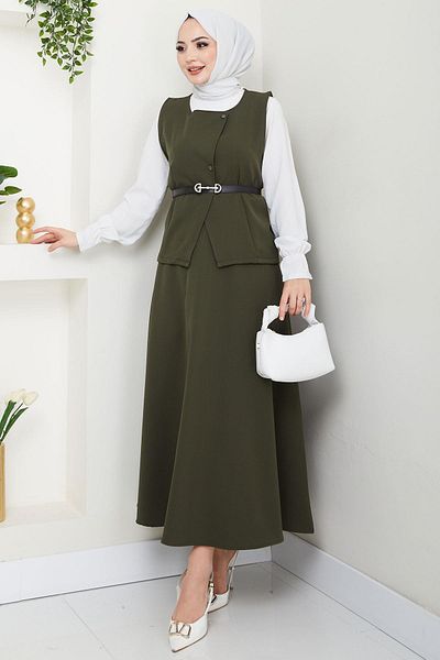 hafsamina Vest Skirt Double Suit Khaki Hm2690