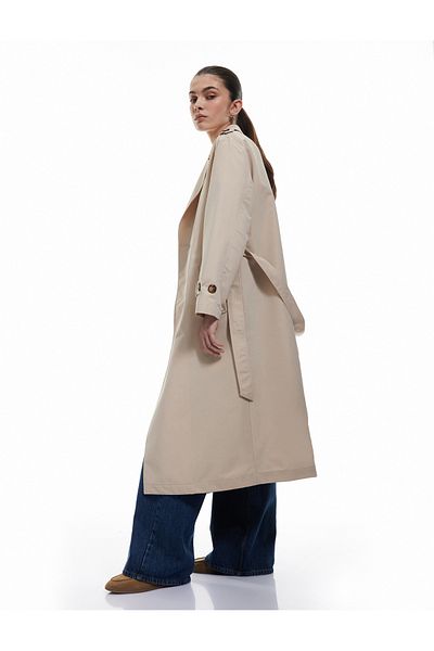Koton Long Sleeve Double Breasted Belted Gabardine Trench Coat