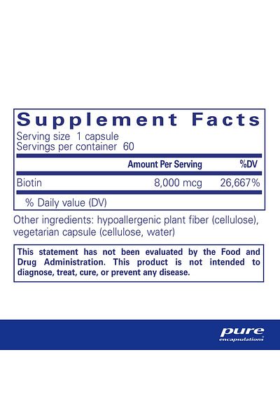 Pure Encapsulations Biotin 8 mg - B Vitamin for Hair, Skin, Nails, Metabolism & Stress Relief - 60 Capsules