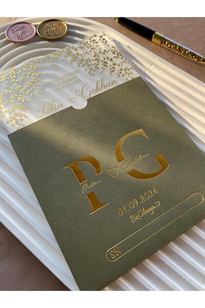 emindijital Yeşil Zarflı Şeffaf Nikah, Nişan, Kına, Düğün Davetiyesi - 50 Adet