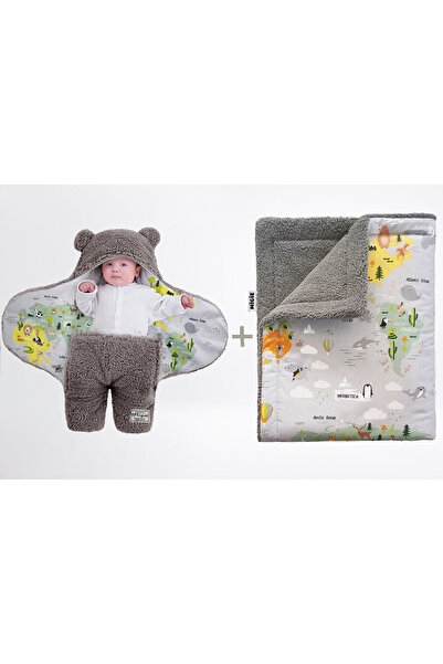 migie 0-4 Ay Bebek Dış Kundak ve Battaniye Seti Wellsoft Gri (Mutlu Kıtalar D...