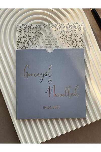 emindijital Gri Zarflı Şeffaf Nikah, Nişan, Kına, Düğün Davetiyesi - 50 Adet