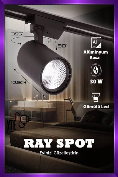 YTE Gün Işığı 30W Siyah Kasa Ray Spot 3 Adet 1 Metre Ray Beraber Set Halinde