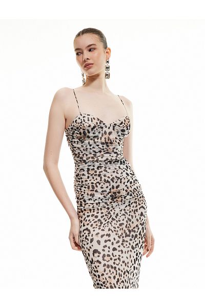 Koton Long Slip Draped Leopard Dress with Peplum Neckline and Straps