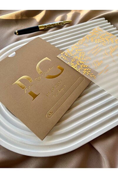 emindijital Sarı Zarflı Şeffaf Nikah, Nişan, Kına, Düğün Davetiyesi - 50 Adet