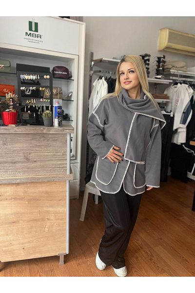 ÇELEBİ STYLE Women's Shepherd Stitching Fleece Jacket Scarf Set