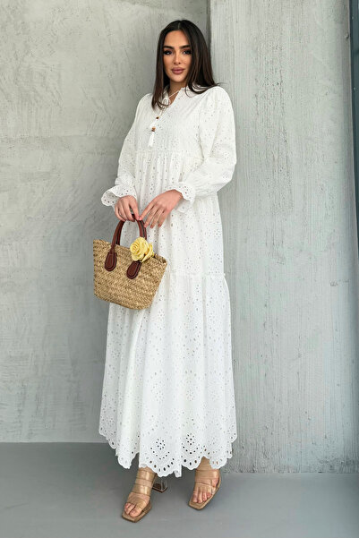 ASEDE Φόρεμα από 100% βισκόζη Bohemian Alaçatı με γιακά με δέσιμο με σχέδιο βισκόζη Δαντελένιο φόρεμα κατάλληλο για παραπέμπεινες