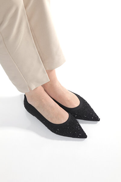 ZİESCE Women's Black Knitwear Pointed Toe Stone Ballet Shoes