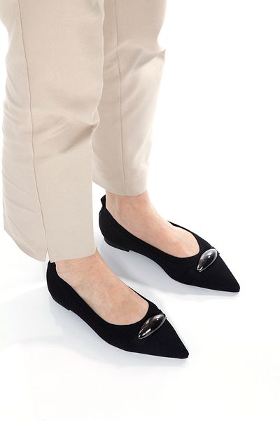 ZİESCE Women's Black Knitwear Pointed Toe Buckle Detail Ballet Shoes