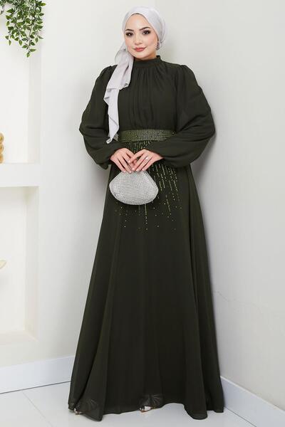 hafsamina Βραδινό φόρεμα σιφόν με πέτρες στη μέση Χακί HM2668