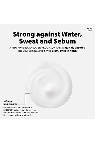 A'PIEU Pure Block Waterproof Sunscreen SPF50+/PA+++ 50ml | Sweat-proof, Reef Safe Korean Sunscreen