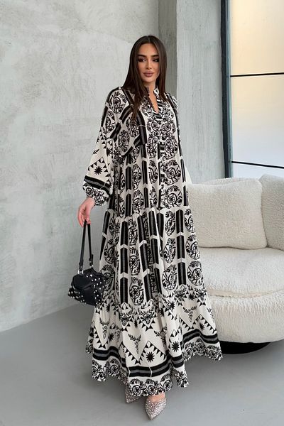 ASEDE 100% Viscose Bohemian Alaçatı Dress Buttoned Viscose Dress Suitable for Hijab
