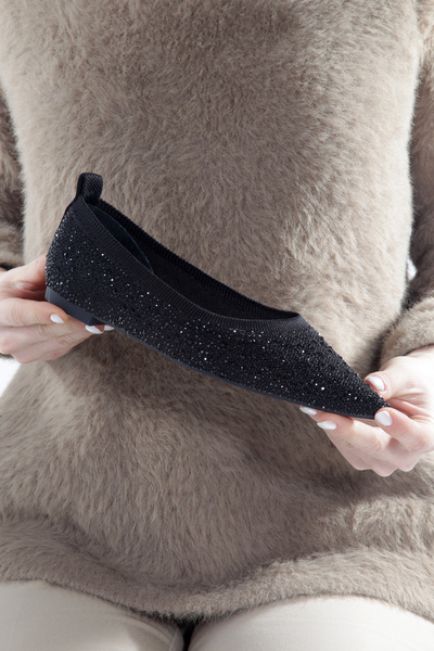 ZİESCE Women's Black Knitwear Pointed Toe Stone Ballet Shoes