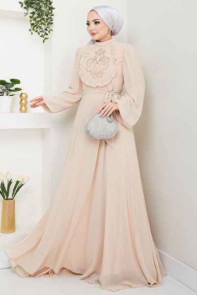 hafsamina Boncuklu Şifon Abiye Elbise Bej HM2667