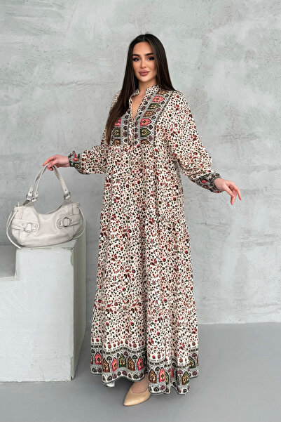 ASEDE 100% Viscose Bohemian Alaçatı Dress Buttoned Printed Viscose Dress Suit...