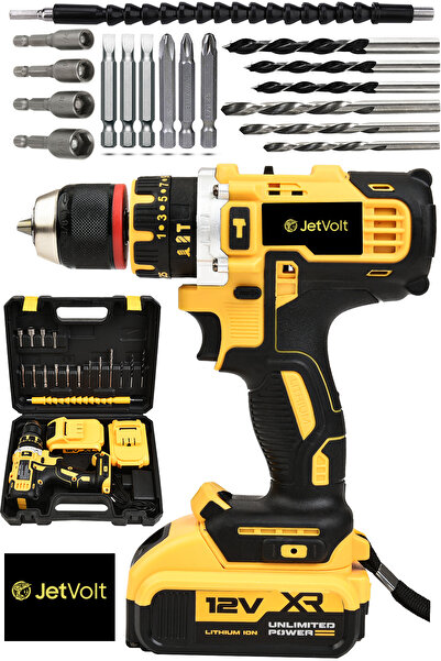 JetVolt 12V 1.5Ah Çelik Şanzıman Çift Akülü Darbeli Şarjlı Matkap Akülü Vidal...