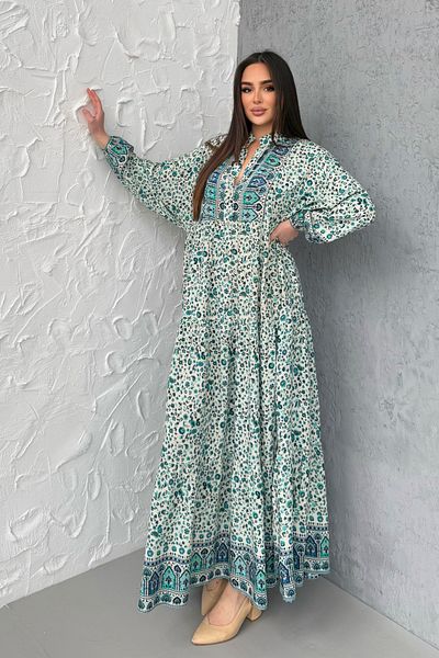 ASEDE 100% Viscose Bohemian Alaçatı Dress Buttoned Printed Viscose Dress Suitable for Hijab