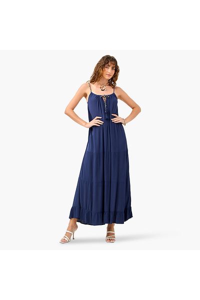 FAV Tiered Maxi Sleeveless Dress with Tie-Up Neck