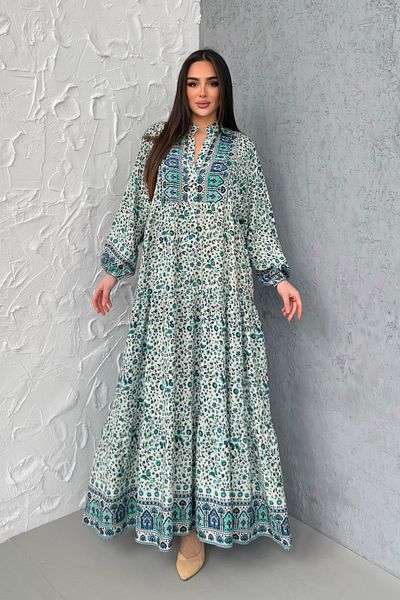 ASEDE 100% Viscose Bohemian Alaçatı Dress Buttoned Printed Viscose Dress Suitable for Hijab