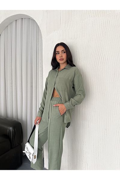 02Lady Fashion Aerobin Linen Shirt Pants 2 Piece Top and Bottom Set
