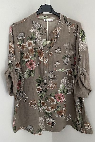 AYASOFYA OTANTIK Women's Italian Mink Plum Blossom Patterned Button Detailed Folding Orphan Sleeves 100% Cotton Blouse