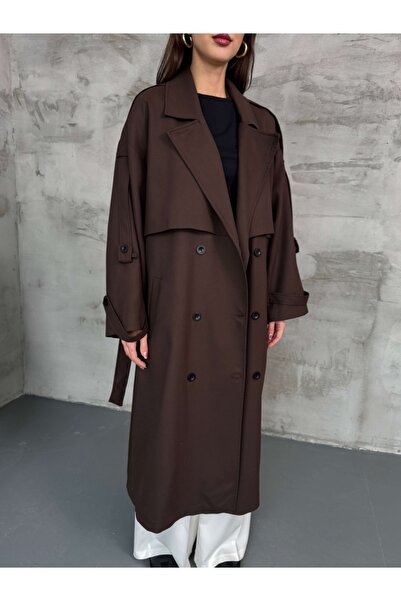 Elif Özbey Butik Acı Kahve Kruvaze Detaylı Oversize Trençkot