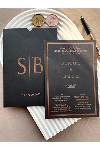 emindijital Siyah Zarflı Dikdörtgen Düğün Nişan Nikah Kına Davetiyesi 50 Adet