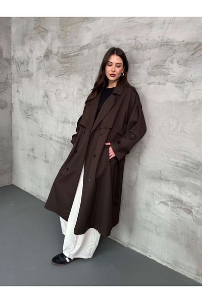 Elif Özbey Butik Καφέ πικρό διπλό στήθος Λεπτομερής υπερμεγέθη καμπαρντίνα