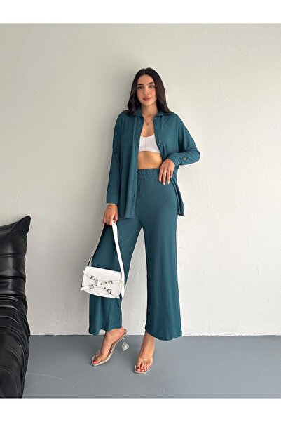 02Lady Fashion Seersucker Long Sleeve Shirt Bürümcük Shirt Wide Legged Double Suit