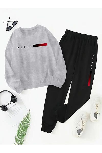 LAND MODA Casual Paris Letter Printed Sweatshirt & Jogger Set for Men -