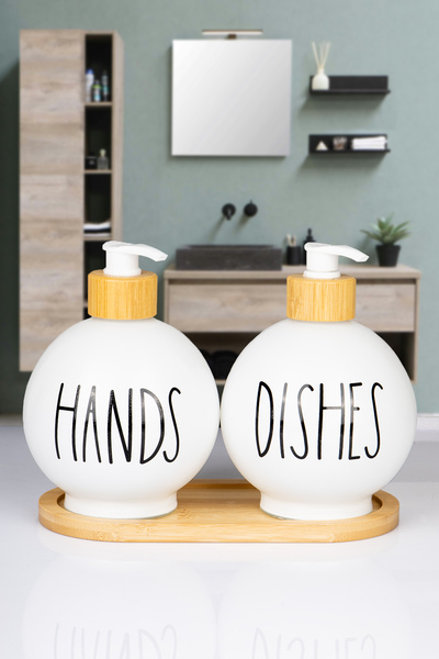 mafa home 2-Piece Bamboo Base Bamboo Pump Chubby Glass Soap Dispenser Detergent Dispenser 350 ml