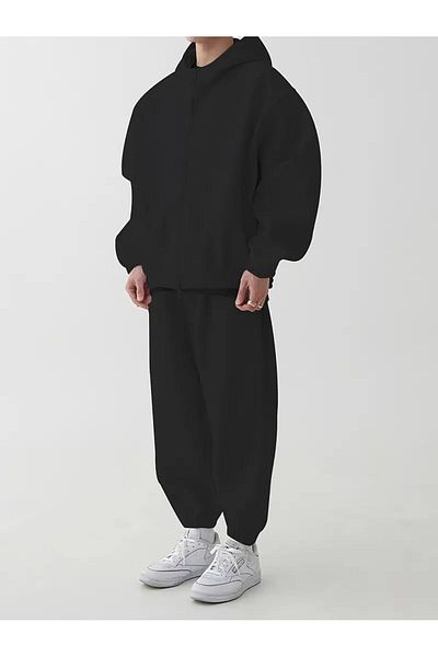 LAND MODA Hooded Sweatshirt and Pants Set for Men, 100% Polyester Knitted Fabric, Solid Color