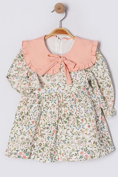 Bebüş Lined Flower Pattern Cotton Fabric Collar Long Sleeve Girl Dress 15301