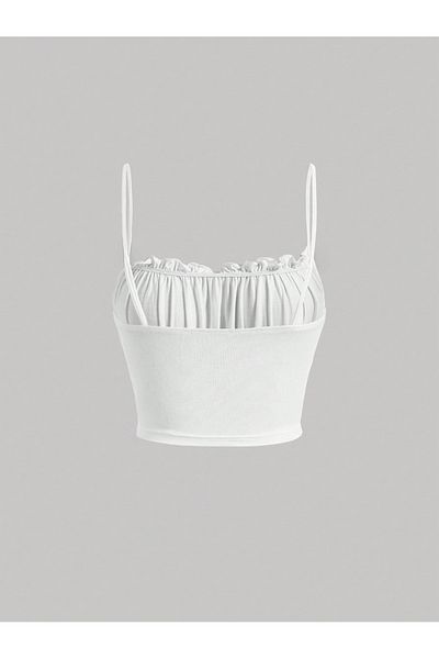 poswicon alb MOD curvy piept cu volane decupat vară crop top cu bretele