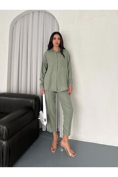 02Lady Fashion Aerobin Linen Shirt Pants 2 Piece Top and Bottom Set
