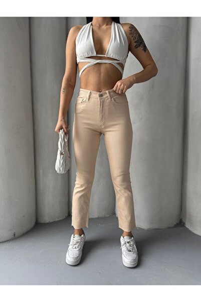 Joytrend Yüksek Bel Bej Kesik Paça Boyfit Jean