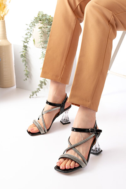 Weynes Women's Black Cross Heel Transparent Strap Sandals Wsb0748