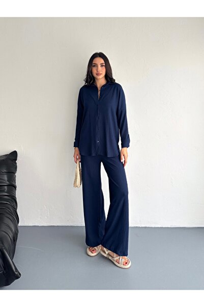 02Lady Fashion Seersucker Long Sleeve Shirt Bürümcük Shirt Wide Legged Double Suit