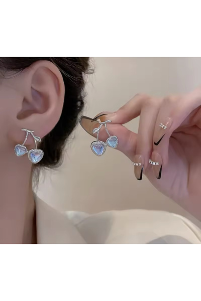 Harlofia Jewelry Rodyum Mavi Taşlı Kiraz Küpe