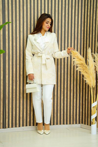 zümrüt moda Glittery Jacquard Cross Line Detail Jacket and Pants Double Evening Dress Suit 1730