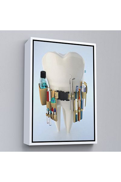 Harita Sepeti White Framed Dental Clinic, Oral Care Office Decoration, Dentist Canvas Painting