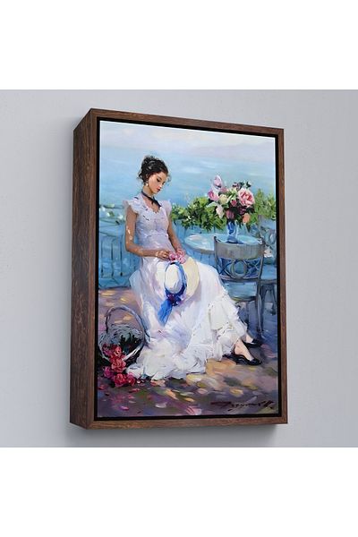 Harita Sepeti Tablou de o femeie frumoasă în rochie albă pe terasă cu cadru alb